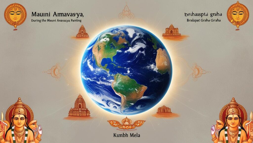 make an image for our planet and its time to brhaspati ghrah in mauni amavashya to relate mahakumbh
